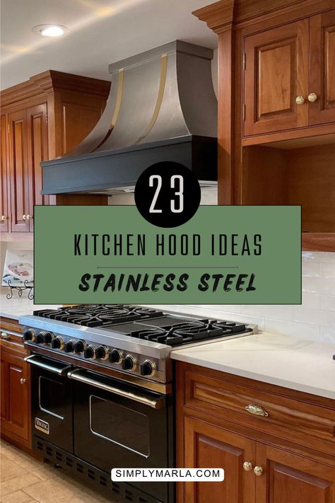 HEY EVERYONE! WE ARE SO EXCITED TO SHARE 23 BEST KITCHEN HOOD IDEAS FOR YOU ALL! STAINELSS STEEL IS TIMELESS AND YOU CAN'T GO WRONG WITH IT. IN THIS POST WE SHARE SOME MODERN STAINLESS STEEL IDEAS ALONG WITH SOME OTHER FUN HOOD IDEAS THAT WILL BE PERFECT FOR ANY KITCHEN! LET THE TRANSFORMATION BEGIN! #MODERN #FARMHOUSE #MODERNWOOD #WOOD #MODERNFARMHOUSE #DIY Oven Hood Farmhouse, Metal Range Hood Ideas, Joanna Gains Kitchen, Stove Hoods Ideas Oven Range, Kitchen Hood Ideas Modern, Small Kitchen Counter Decor, Small Home Library Room, Small Home Bar Ideas, Small Kitchen Ideas Layout