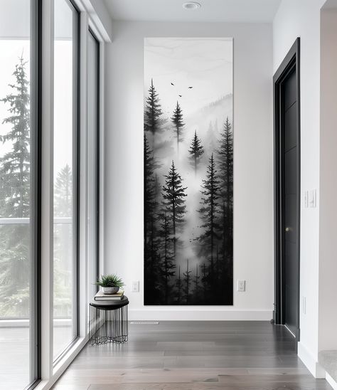 Foggy Forest canvas print Coniferous Forest wall art Tall narrow wall art Black White Print Long Vertical Artwork Modern Large Wall Art Ready to Hang: Skip the hassle of framing - our pieces arrive ready to hang, instantly enhancing your space with ease. ✓ Professional Craftsmanship, Tailored to You: Each piece is meticulously handmade to order, ensuring a professional touch. ✓ Premium Materials and Precision Printing: Utilizing top-notch canvas (350gsm) and state-of-the-art printing equipment, Tall Narrow Wall Art, Tall Narrow Art, Long Narrow Art, Diy Black And White Wall Art, Long Canvas Art, Alpine Interior, Cozy Wall Art, Vertical Artwork, Long Narrow Wall Art