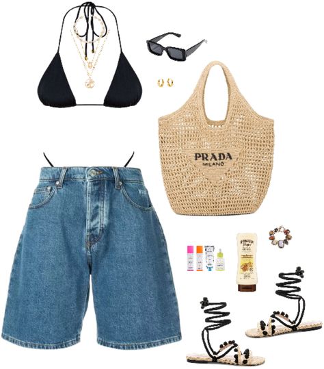 beach outfit ideas | 90s Beach Outfit, Beach Outfit Ideas, 90s Beach, Nontoxic Beauty, Palm Tree Necklace, Chunky Gold Hoop Earrings, Shell Choker, Hawaiian Tropic, Y2k Men