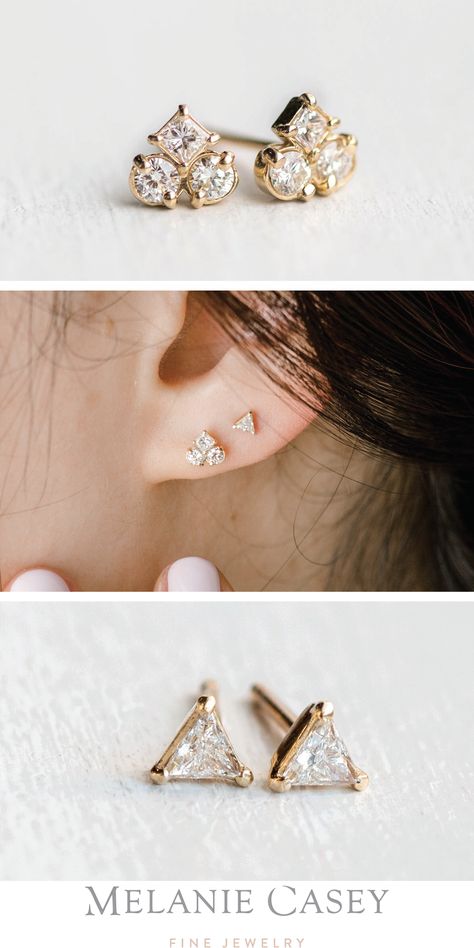 Simple Studs Gold Indian, Small Studs Gold, Triangle Gold Earrings, Simple Diamond Studs, Small Diamond Earrings Unique, Cute Stud Earrings Gold, Small Gold Earrings Studs Simple, Earings Diamonds Studs, Small Diamond Studs