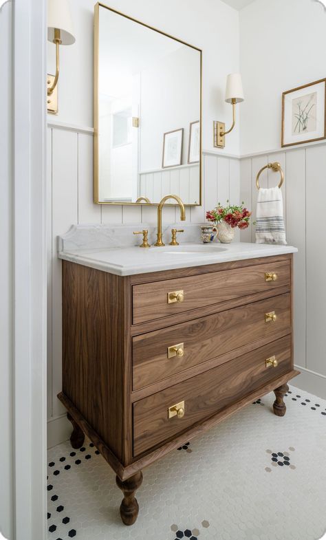 Powder Bath Vanity Ideas, Wood Vanity Gold Hardware, Unique Bathroom Vanities, Timeless Bathroom Vanity, How To Organize A Bathroom, Powder Bath Vanity, Cabin Cabinets, Bathroom Mirror Inspiration, Powder Room Vanity Ideas