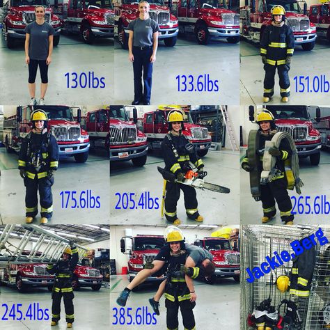 To anyone interested in the #firefighting career, especially #females. Here is an idea of how much added weight you will carry. I am 5'5, 130lbs, and 18% bodyfat. My last PT test I ran 1.5 mile in 11:02, 53x push-ups in one minute, 46x sit-ups in one minute, and 10x strict pull-ups. Firefighter Workout, Firefighter Training, Girl Firefighter, Firefighter Humor, Firefighter Paramedic, Firefighter Emt, Fire Training, Firefighter Quotes, Fire Wife