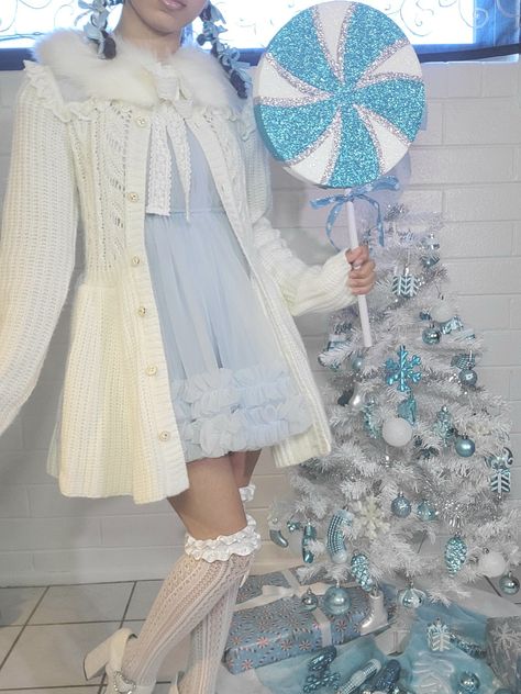 Winter fairy dollete outfit, blue christmas tree, hyper feminine outfit, princess core, angelcore Winter Wonderland Theme Dress, Princess Core Outfit Winter, Ice Princess Outfit Ideas, Christmas Elf Outfit Aesthetic, Winter Theme Dress, Winter Wonderland Theme Outfit, Winter Themed Outfits, Ice Princess Outfit, Winter Fairy Outfit