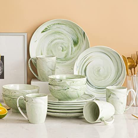 AmazonSmile | vancasso, Porcelain Dinner Set Marble Pattern Dinner Service, 16 Piece Claudia Green Dinnerware Set with Dinner Plate, Dessert Plate, Cereal Bowl and Mug, Service for 4: Dinnerware Sets Dinner Set Design, Green Dinnerware Set, Kitchen Dinner Set, Look Beige, Green Dinnerware, Plate Dessert, Blue Dinnerware, Ceramic Dinnerware Set, Green Plates