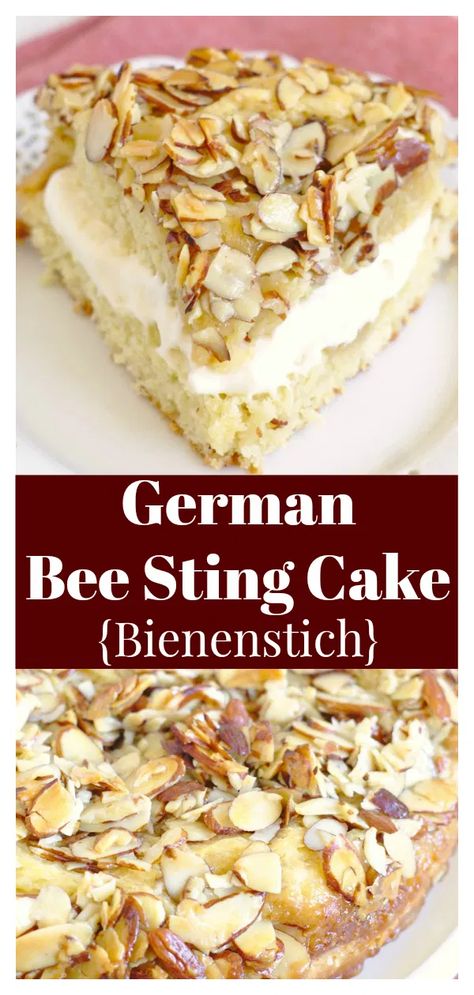 German Kuchen Recipes, Yeasted Cake, German Bee Sting Cake, Bienenstich Recipe, German Pastries, Bee Sting Cake, Honey Dessert, Almond Desserts, German Food Authentic