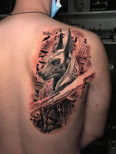 Ancient Egyptian God of the underworld, protector of the dead Egyptian Background Tattoo, Egyptian God Tattoos, Mummy Tattoo Egyptian, Anubis Tattoo Men Ideas, Egyptian Gods Tattoo, Ancient Egyptian Tattoo, Egyptian God Tattoo, Underworld Tattoo, Shoulder Sleeve Tattoo