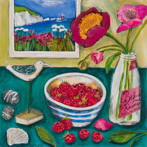 Jenny Muncaster. Peonies and Raspberries Linocut Ideas, Still Life 2, Hawaiian Art, Naive Art, My Flower, Linocut, Amazing Art, Still Life, Peonies