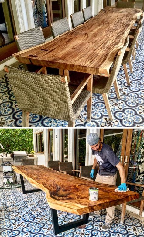 Outdoor Live Edge Table by Doro Designs at Private Residence, Miami Beach Live Edge Patio Table, Outdoor Live Edge Table, Live Edge Outdoor Table, Timber Outdoor Table, Timber Table Design, Wooden Outdoor Table, Live Edge Bed, Wood Patio Table, Live Edge Wood Table