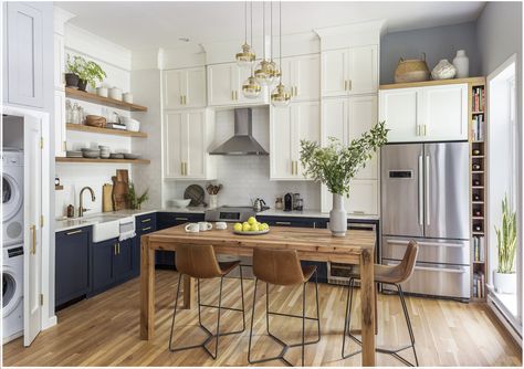 Soaring South End Kitchen — KitchenVisions Two Tone Cabinets, Navy Kitchen, Bold Kitchen, Kitchen Transitional, Wood Island, Condo Kitchen, Brown Cabinets, L Shaped Kitchen, U Shaped Kitchen