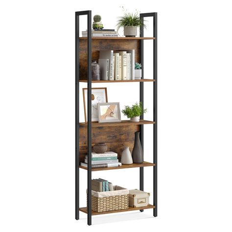 PRICES MAY VARY. Particleboard, Steel [Stay Organized in Style] Elevate your space with this 9.4"D x 24.4"W x 65"H industrial bookshelf. It offers 5 large, warm-toned storage shelves to organize your books and decorations, all while adding aesthetic appeal to your home decor [Sturdy and Stable] High-quality panels supported by a sturdy steel frame create a robust book shelf that can support up to 44 lb. The adjustable feet further enhance its overall stability [Safe Items, Safe Space] The back p Steel Bookshelf, Industrial Bookcase, Shelf Industrial, Frame For Living Room, Tall Bookshelves, Industrial Bookcases, 5 Shelf Bookcase, Office Bookcase, Tall Bookcases