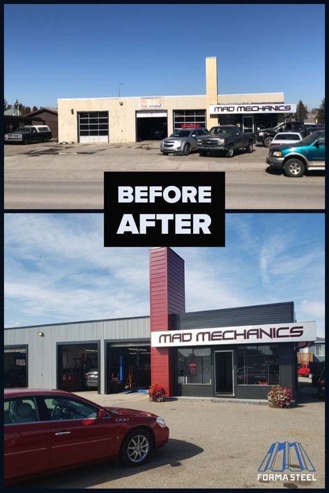 Love the redone exterior on this local auto shop in Fort Macleod! If you have an idea for a new exterior for your business come visit us at Forma Steel! We can help you with design, profile options and refreshing the look of your building! Transmission Shop Ideas, Auto Repair Office Ideas, Modern Auto Shop, Auto Shop Decor, Auto Repair Shop Office Ideas, Shop Renovation Ideas, Automotive Repair Shop Design, Automotive Shop Design, Autobody Repair Shop Ideas