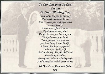 A4 POEM TO OUR DAUGHTER IN LAW ON YOUR WEDDING DAY PERSONALISED  POSTCARD STYLE Letter To Daughter In Law, Groom Speech Examples, Daughter In Law Quotes, Bridal Shower Quotes, Speech Examples, Letter To Daughter, Shower Quotes, Best Wedding Speeches, Wedding Speeches