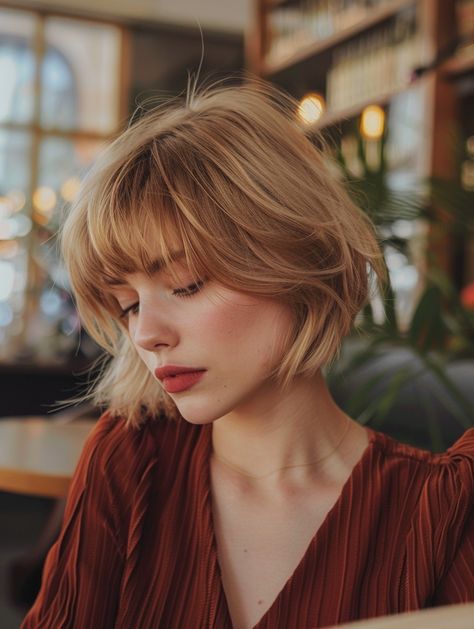 51 French Bob Haircuts for Every Face Shape and Style - Ultimate Guide with Tips & Photos French Bob With Side Part, Dyed French Bob, Plush Bob Haircut, Chic Blonde Bob, French Bob With Bangs Straight Hair, Thick Bob With Bangs, French Shaggy Bob, Fall 2024 Bob Haircut, Shoulder Length French Bob