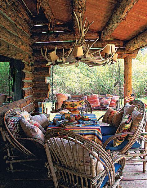 Where does Ralph Lauren go when he wants to relax? On his Colorado ranch's porch in his comfy furniture by La Lune Collection, of course! Log Cabin Porch, Camp Decor, Cabin Porch, Rustic Patio, Rustic Log Cabin, Rustic Porch, Casa Country, Screen Porch, Cabin Living