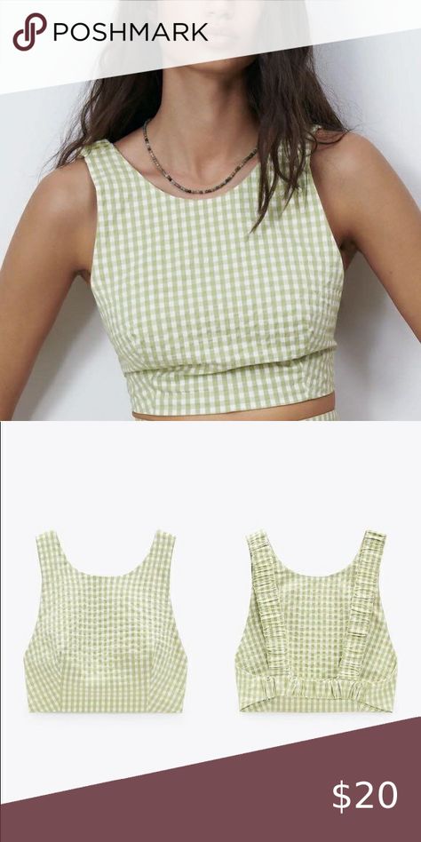 NWOT Zara Green Gingham Crop Top Crop Top Patrones Costura, Gingham Top Outfit, Elastic Crop Top, Poshmark Clothes, Gingham Crop Top, Crop Top Summer, Interesting Outfits, Sewing Projects Clothes, Crop Top Designs