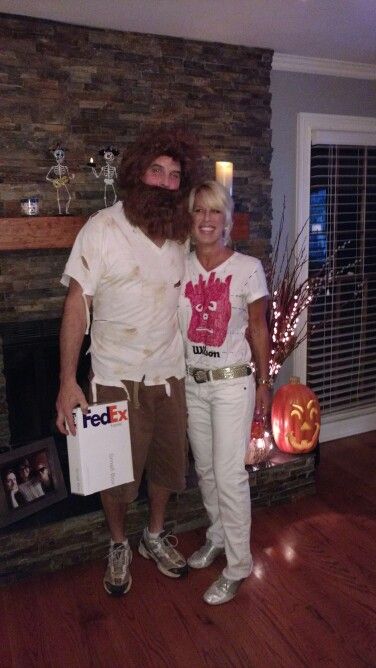 Castaway couples costume. $4 black and red sharpies, $7 beard and wig, $6 for 2 tshirts goodwill. Free fed ex box. Total cost $17 - priceless! Bearded Couples Costumes, Costume With Beard Couple, Couples Costumes With Beard, Beard Halloween Costumes, Work Costumes, Halloween Beard, Easy Couples Costumes, Beard Costume, Funny Couple Costumes