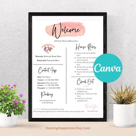 Airbnb Information Sheet, Welcome Note For Guests Airbnb, Airbnb Rules Template, Airbnb House Rules For Guests, Airbnb House Rules Printable, Airbnb Rules For Guests, Wifi Signs For Guests, Guest Wifi Sign, Airbnb Templates