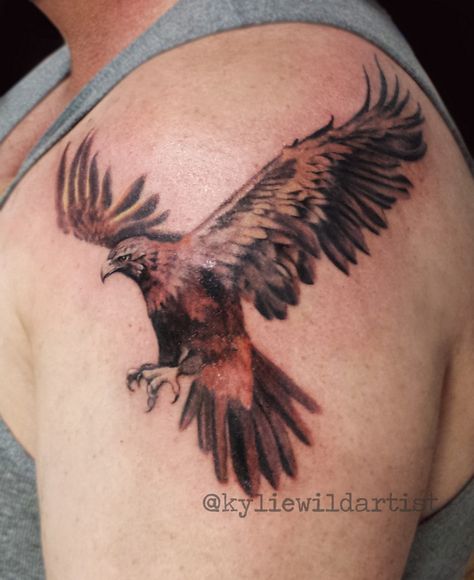 Australian Wedge Tail Eagle tattoo by Kylie Wild Heslop Tattoo Artist www.artgonewild.com.au Wedge Tailed Eagle Tattoo Design, Wedge Tailed Eagle Tattoo, Eagle Chest Tattoo, Animal Sleeve, Wedge Tailed Eagle, Hawk Tattoo, Animal Sleeve Tattoo, Patriotic Tattoos, Band Tattoos