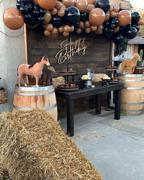 Western Birthday Party For Men, Cowboy Birthday Theme For Men, Cowboy Theme 50th Birthday Party, Black Rodeo Party, Boots And Dukes Party, Cowboy Birthday Party Ideas Table Decorations Western Theme, Western Birthday Backdrop, Rancho Birthday Theme, Cowboy Table Decorations