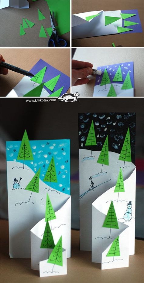 card making photo tutorial: handmade Christmas/winter card ... fancy fold cascade ... luv the triangle trees placed along the drop line ... Winter Karten, Simple Holiday Cards, Winter Art Projects, Diy Christmas Cards, Simple Holidays, Noel Christmas, Winter Cards, Holiday Art, Christmas Crafts For Kids