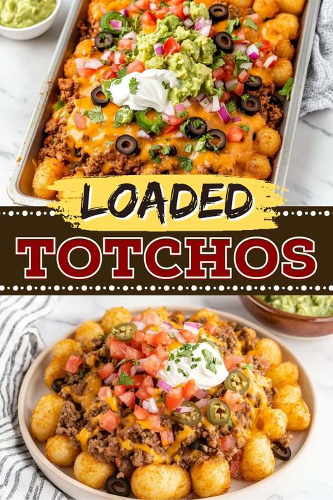 If you love nachos, just wait until you try totchos! Swap chips for tater tots, then load them up with ground beef, tons of cheese, and all the fixins! One Pan Meals With Ground Beef, Tater Tot Snack Recipes, Tater Tot Side Dish Recipes, Meals For Two On A Budget, Loaded Totchos, Ground Beef Meals, Tater Tot Appetizers, Mexican Tater Tot Casserole, Quick Ground Beef Recipes