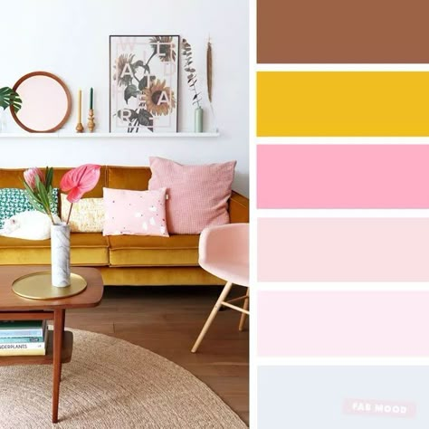 The Best Living Room Color Schemes – Grey + pink & mustard Color Palette - Fabmood | Wedding Colors, Wedding Themes, Wedding color palettes Mustard Living Room, Good Living Room Colors, Living Room Color Combination, Colour Crush, Room Color Combination, Color Palette Living Room, Summer Bedroom, Living Room Decor Gray, Best Living Room