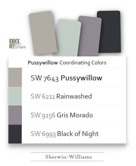 Pussywillow Coordinating Colors, Sherwin Williams Pussywillow, Pussywillow Sherwin Williams, Warm Gray Paint Color, Warm Grey Paint Colors, Warm Gray Paint, White Blackout Curtains, Paint Inspo, White Tile Backsplash