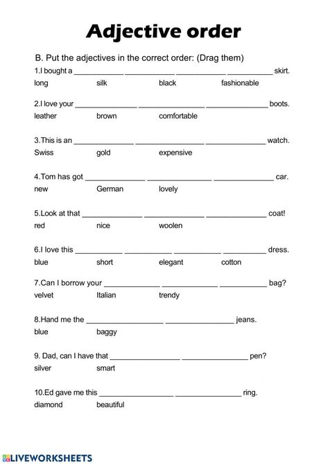 Order Of Adjectives Worksheet, Adjective Order, Adjectives Exercises, Adjectives Worksheet, Order Of Adjectives, Adjective Words, Adjective Worksheet, Meaningful Sentences, Teaching English Grammar