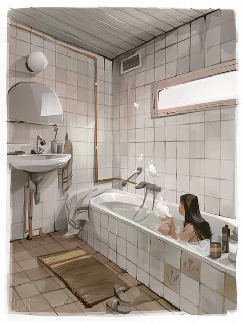 Audra Auclair, Old Bathrooms, Bath Art, Apartment Bathroom, The Louvre, Bathroom Designs, Illustration Artists, Amazing Bathrooms, Corner Bathtub