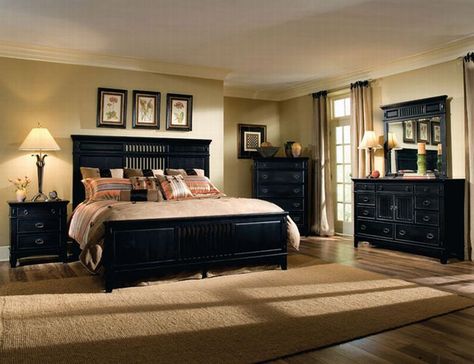 bedroom with sand-y/tan walls with black furniture Black Bedroom Sets, Dark Bedroom Furniture, Bedroom Arrangement, Wood Bedroom Sets, Black Bedroom Furniture, Bedroom Setup, Gold Bedroom, Black Bedroom, Luxury Bedroom Master