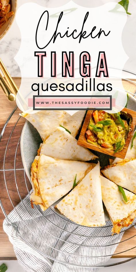 Quesadillas. Warm cheesy goodness, between a warm, soft tortilla. As if they could get any better, right? Add in some perfectly spiced, juicy chicken tinga, and you have a flavourful, quick and easy lunch or dinner. These chicken tinga quesadillas use store-bought shortcuts to cut down the cooking process. The chicken is packed with flavour, with all the comforting cheesiness you know and love from a quesadilla. Chipotle Inspired Recipes, Stewed Chicken, Chicken Tinga, Family Breakfast Recipes, Supper Ideas, Spicy Dishes, Supper Recipes, Easy Lunch, Cheesy Chicken