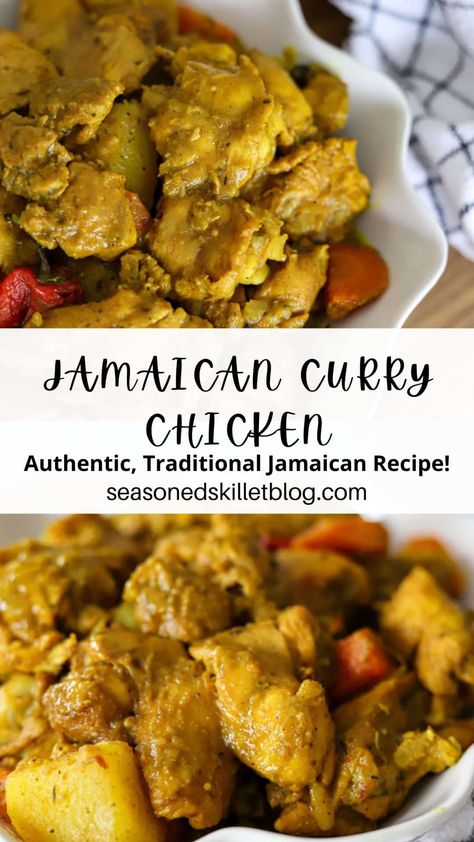 This Jamaican Curry Chicken recipe is a beloved Caribbean meal; full of rich, warm aromatic spices, herbs, veggies, potatoes, and tender chicken pieces. This easy one pot meal is simmered and cooked down in a delicious savoury curry sauce with a splash of wholesome coconut milk for the perfect touch of creamy richness! Enjoy this easy chicken dish for either lunch or dinner with a side of white rice and coleslaw! Jamaican Chicken Curry, Curry Chicken Jamaican, Jamaican Chicken, Curry Chicken Recipe, Jamaican Curry Chicken, Chicken Peppers, Jamaican Curry, Jamaican Dishes, Easy Curry