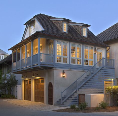 Rosemary Beach residence, Florida. Eric Watson Architect. Porch Over Garage, Room Above Garage, Garage Addition, Garage Apartment Plans, Exterior Stairs, Garage Apartments, Two Story House, House Garage, Front Doors With Windows