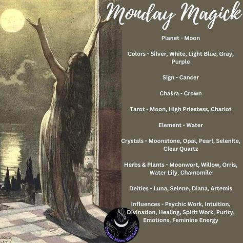 Credit: Crystal Moon Witchery Monday Moon Day, Monday Spellwork, Monday Magickal Correspondences, Monday Witchcraft, Weekday Magick, Monday Correspondences, Monday Spells, Priestess Initiation, Monday Magick