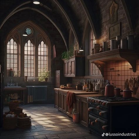 Dark Acedamia House Interior, Dark Academia Foyer, Hogwarts Academia, Academia Kitchen Aesthetic, House Dark Academia, Dark Academia Room Design, Hogwarts Kitchen Aesthetic, Kitchen Dark Academia, Dark Academia Exterior