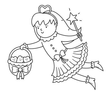 Black and white flying tooth fairy vector icon. Kawaii outline fantasy princess with basket full of smiling teeth. Funny line dental care picture for kids or coloring page. Dentist baby clinic clipart Kawaii Outline, Fairy Vector, Teeth Funny, Colorful Wedding Shoes, Smile Teeth, Fantasy Princess, Colorful Wedding, Tooth Fairy, Dental Care