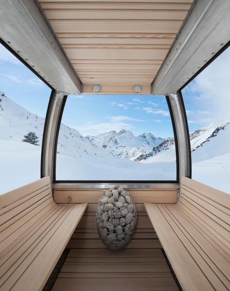 The gondolas were sourced from resorts across the Alps / Saunagondel Mobile Sauna, Alps Skiing, Portable Steam Sauna, Electric Sauna Heater, Sauna House, Sauna Heater, Finnish Sauna, Steam Sauna, Sauna Design