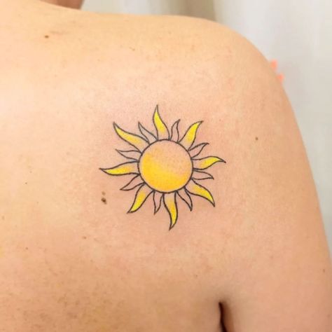 Sun Tattoo Ideas: 30+ Examples, Meaning & Top Designs - 100 Tattoos Sunshine Shoulder Tattoos For Women, Color Sun Tattoo Designs, Sun Rainbow Tattoo, Sun Tattoo With Color, Sun Tattoo Small Sunshine, Sun Tattoo With Words, Small Sun Tattoo Ideas, Colorful Sun Tattoo, Sun Tattoo Designs For Women Beautiful