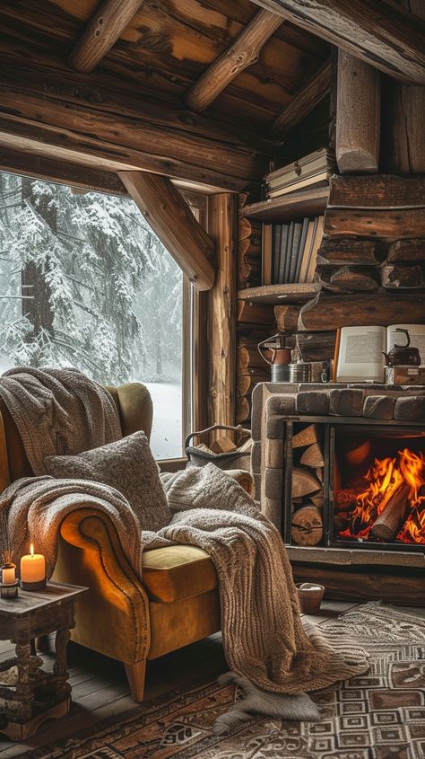 Cozy Winter Haven: A snug log cabin interior with a crackling fireplace offers a warm refuge from the snowy scene outside. #cozy #winter #cabin #fireplace #armchair #aiart #aiphoto #stockcake ⬇️ Download and 📝 Prompt 👉 https://stockcake.com/i/cozy-winter-haven_247253_47972 Winter Lodge Interior, Cozy Winter Cabin Aesthetic, Old Log Cabin Interior, Cabins In The Woods Interior, Winter Cabin Interior, Old Cabin Interior, Winter Cabin Aesthetic, Rustic Cabin Living Room, Cozy Cabin Interior