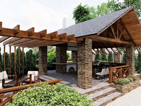 Outdoor Kitchens Ideas, Outdoor Pavillion, Rustic Outdoor Kitchen, Rustic Outdoor Kitchens, Covered Patio Design, Kitchens Ideas, Outdoor Fireplace Patio, Stone And Wood, Outdoor Patio Designs