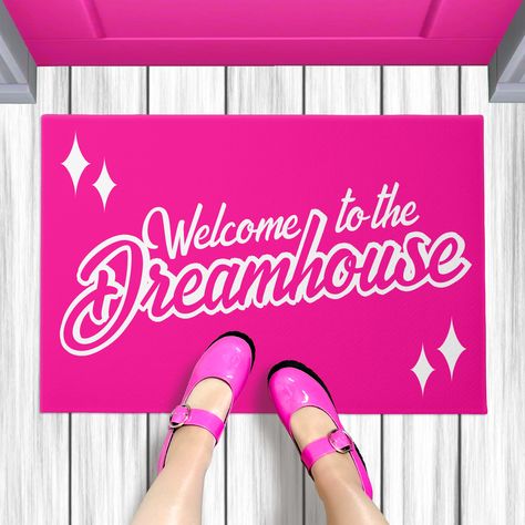 Another bold first doormat by JessicaAmber - ask about custom orders! This Barbiecore mat features a hot pink and white color scheme. It says 'Welcome to the Dreamhouse' in a sweeping script fonts. You can change this text. The background is solid neon pink with some white sparkles. A stylish piece of decor for your daughter's house ••• Created 15 September 2023 ••• For more girly homewares, visit my store Zazzle.com/JessicaAmberArtist ••• For custom orders, contact me via Zazzle messaging Mojo Dojo Casa House, Front Door Styles, Barbie 2023, Barbie Room, Girly Decor, Barbie Dreamhouse, New Barbie, 15 September, White Color Scheme