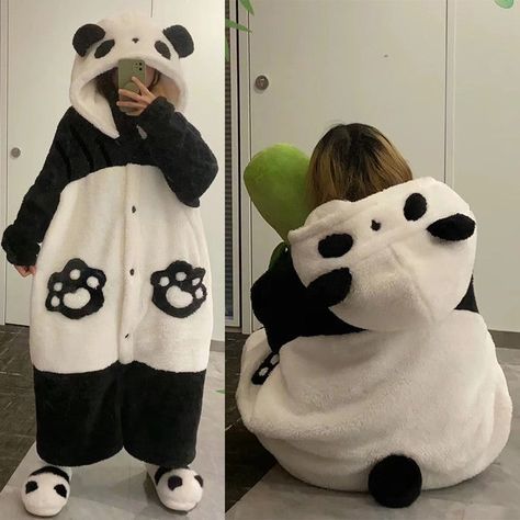 Cute Pjs Onesies, Winter Pajamas Aesthetic, Sleep Wear Aesthetic, Panda Pajamas, Plush Pajamas, Pajamas Robe, Panda Outfit, Winter Pajama, Kawaii Pajamas