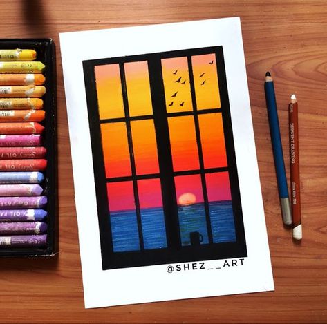 Sunset Drawing Using Color Pencil, Drawing Ideas Sunset Pencil, Easy Sunset Drawing For Beginners, Oil Pastel Art Step By Step Drawings, Drawing Of Oil Pastels, Drawings With Pastel Colors, Oil Pastel Tutorial Step By Step Easy, Easy Color Pencil Drawings For Beginners, Oil Pastel Easy Art