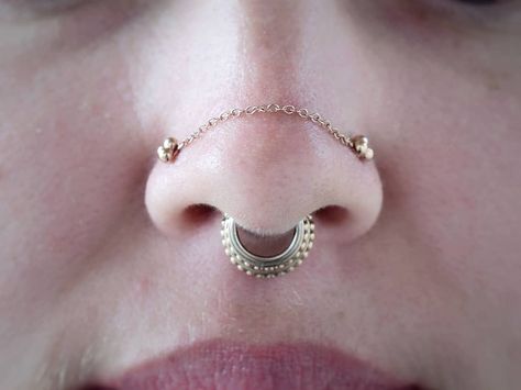 Nose Chain And Septum, Random Earrings, Inner Lip Tattoo, Lip Tattoos, Front View, Nose Piercing, Body Jewelry, Septum Ring, Gold Chain