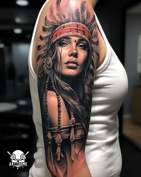 Embark on a cultural journey with these mesmerizing Indian sleeve tattoo ideas. Capturing the essence of high-contrast realism and… | Instagram Native American Female Tattoo, Indian Women Tattoo, Native Indian Tattoos, India Tattoo, Native American Tattoo Designs, Indian Tattoo Design, Female Warrior Tattoo, 42 Tattoo, Realistisches Tattoo