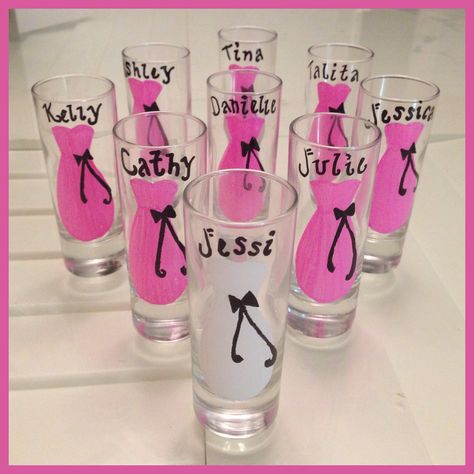 DIY Bridesmaid Shot Glasses • Made with Sharpie Paint Pens Shot Glasses Diy, Wedding Shot Glasses, Paint And Drink, Sharpie Paint Pens, Silver Spray Paint, Bridesmaid Diy, Wedding Wine Glasses, Decorated Wine Glasses, Hand Painted Glasses