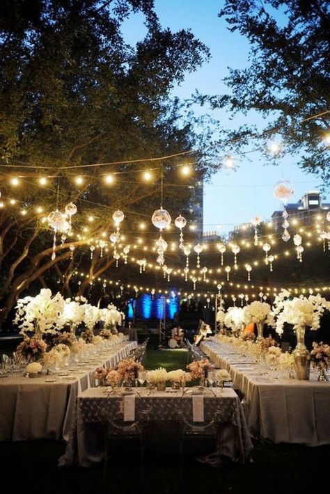 5 Essentials For An Outdoor Vow Renewal Ceremony. #vowrenewal #outdoor #ceremony Long Table Wedding, Outdoor Dinner, Outside Wedding, Hanging Flowers, Wedding Lights, Fairytale Wedding, Rehearsal Dinner, Backyard Wedding, Reception Decorations