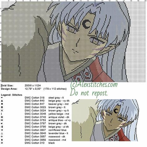 Sesshomaru Inuyasha free cross stitch pattern 200x115 15 colors Inuyasha Cross Stitch, Mdzs Cross Stitch, Free Cross Stitch Pattern, Free Cross Stitch Patterns, Picture Blanket, Cross Stitch Kitchen, Geek Crafts, Anime Pixel Art, Beaded Cross Stitch