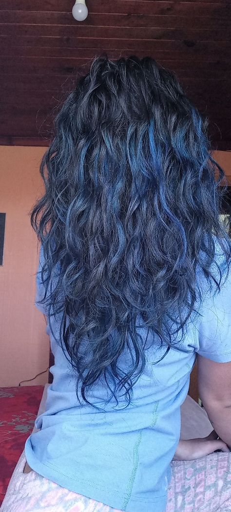 Black Hair With Blue Highlights Curly, Blue Black Hair Color Curly, Blue Hair Highlights Curly, Hair Dye For Wavy Hair, Curly Hair Color Ideas Blue, Blue Hair Streaks Curly, Curly Hair With Blue Streaks, Under Layer Hair Dye Curly, Midnight Dark Blue Hair Curly