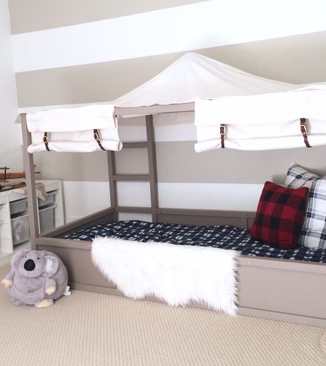 The other day my 3 yr old said to me "Mommy I need a big boy bed. My crib is too high, I can't get out". Ahh, the jig was up, he was on to m... Bunk Bed Makeover, Ikea Kura Bed Hack, Boys Bed Canopy, Kura Bed Hack, Bed Boy, Ikea Kura Hack, Ikea Bed Hack, Home Ikea, Ikea Kura Bed